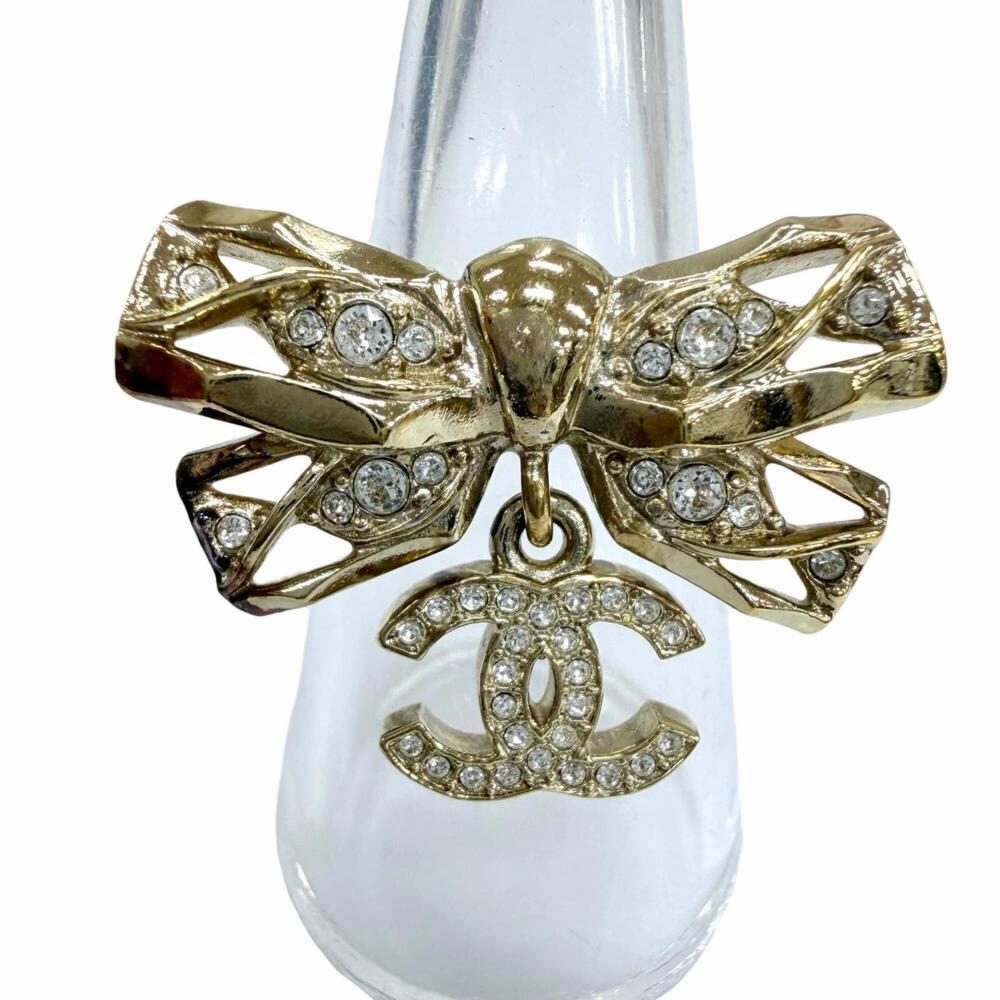 CHANEL B24B Coco Mark Ribbon Rhinestone Ring, Gold, Made in Italy, Women's, w...